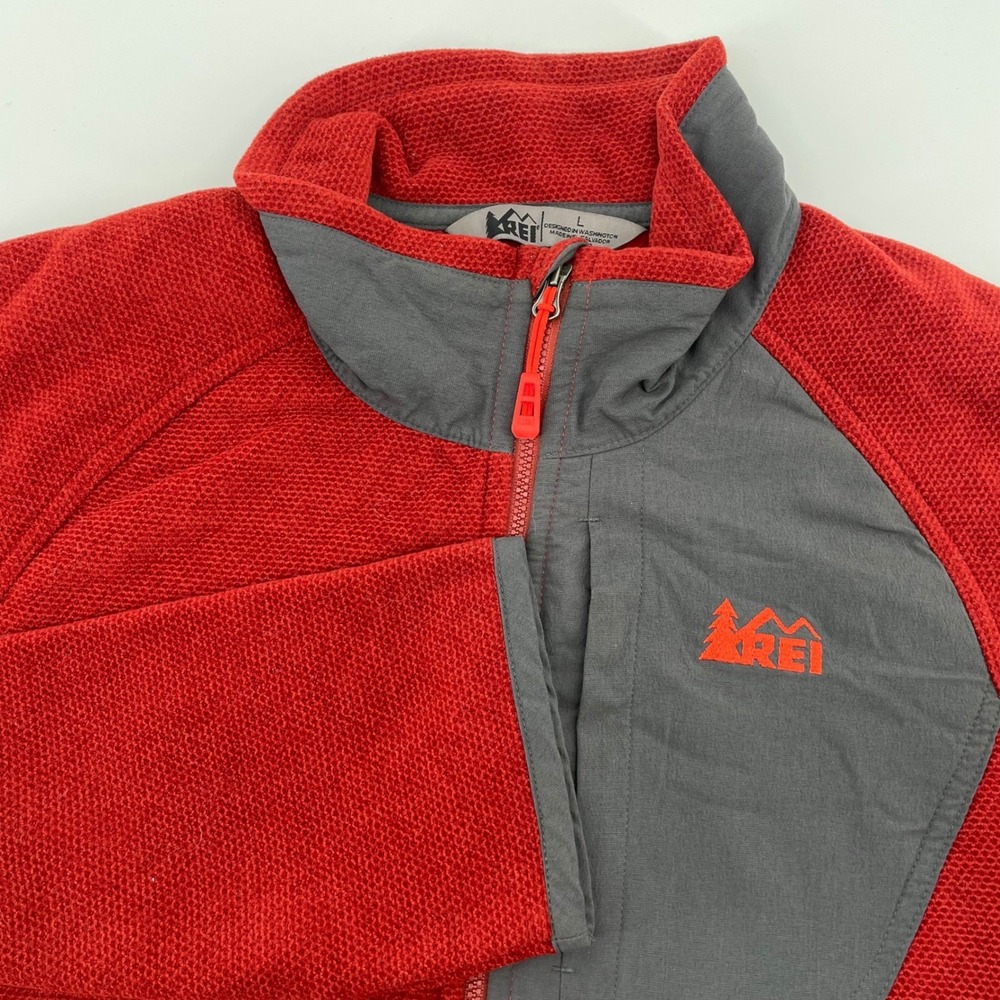 REI Co-op Men's Large Red Gray Full Zip Fleece Jacket Waffle Knit 18503-F16